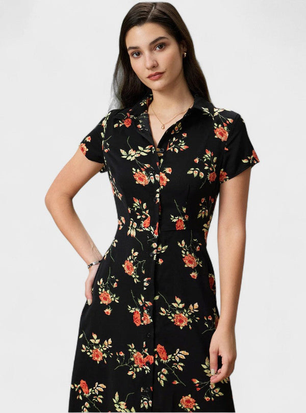 Glória - Vestido Midi Preto Floral