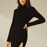 Kiara- Vestido Mini de Gola Alta de Manga Longa com Fenda e Painéis Canelados