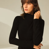 Kiara- Vestido Mini de Gola Alta de Manga Longa com Fenda e Painéis Canelados
