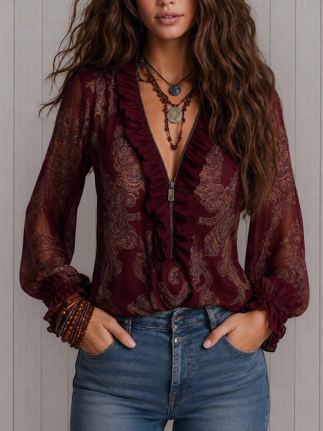 Elise | Blusa de Chiffon com Renda Barroca e Zíper