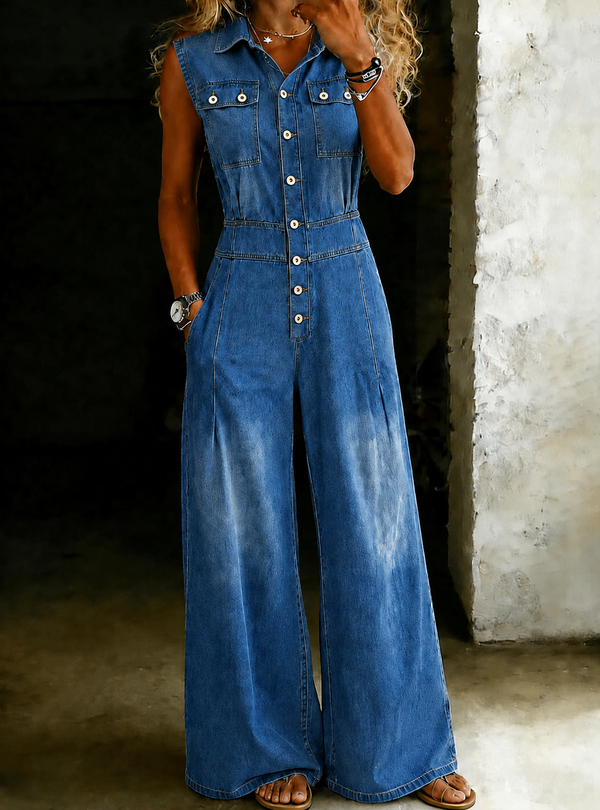 Stella | Macacão de Denim com Cintura Ajustada e Pernas Largas