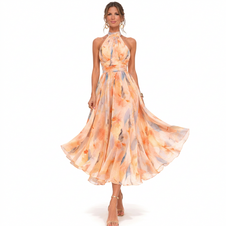 Monica – Vestido Midi Halter com Padrão Floral