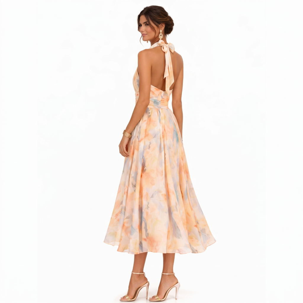 Monica – Vestido Midi Halter com Padrão Floral