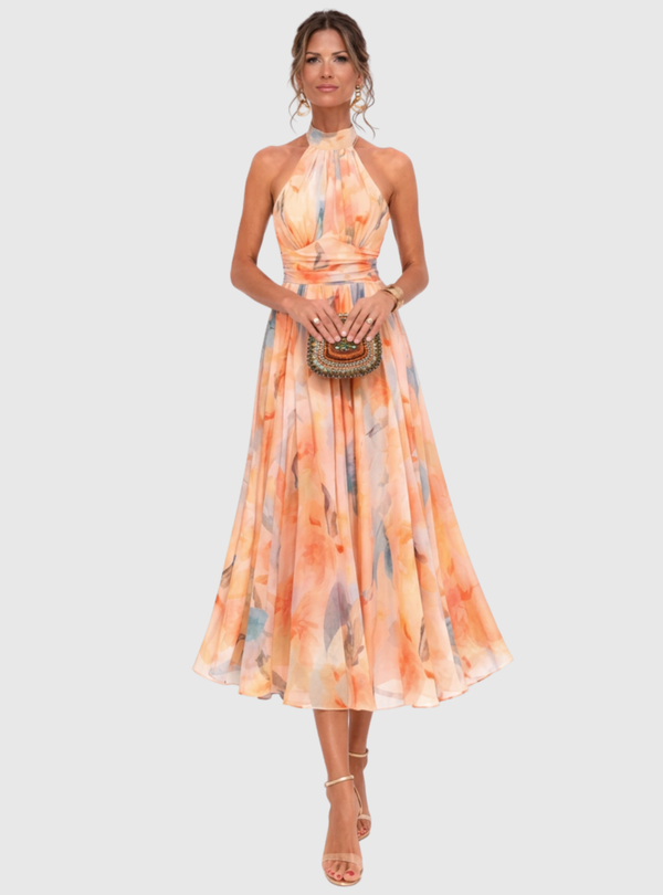 Monica – Vestido Midi Halter com Padrão Floral