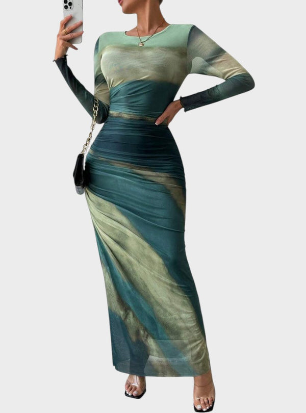 Amélia - Vestido maxi justo com mangas compridas