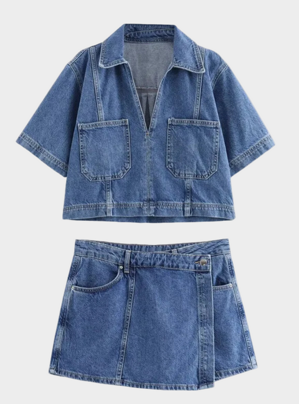Conjunto de jeans com decote em V