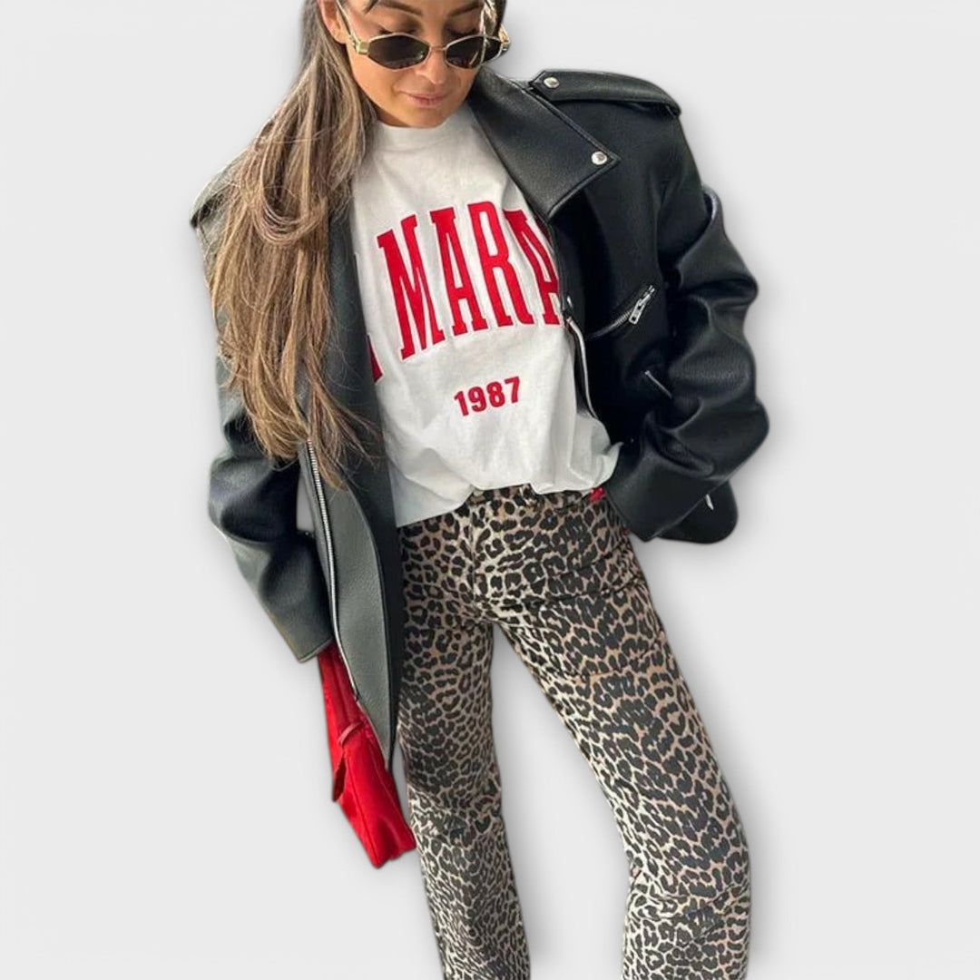 Carina - Calças de ganga vintage com estampado de leopardo