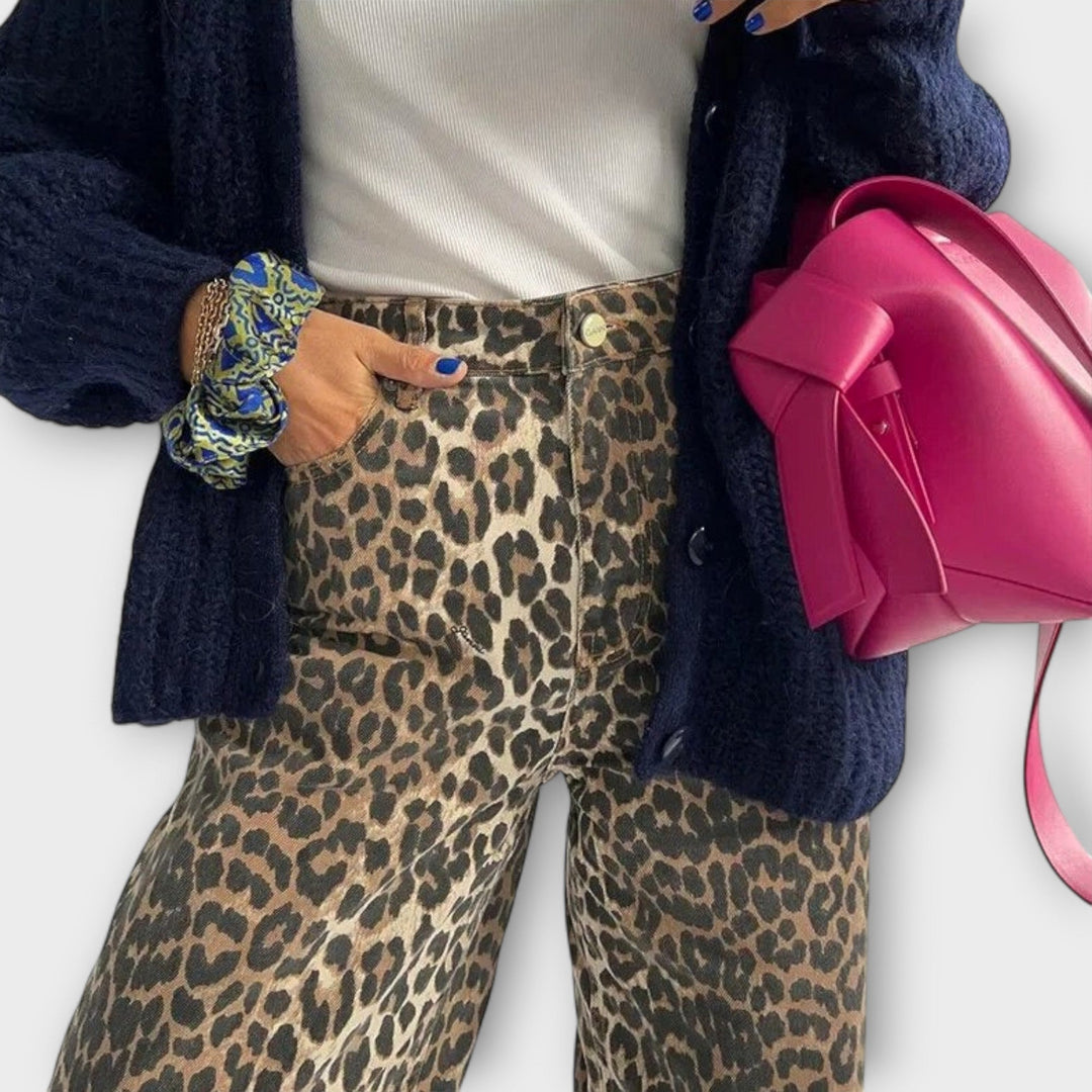 Carina - Calças de ganga vintage com estampado de leopardo