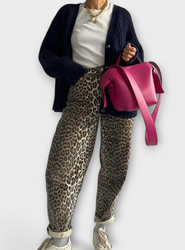 Carina - Calças de ganga vintage com estampado de leopardo