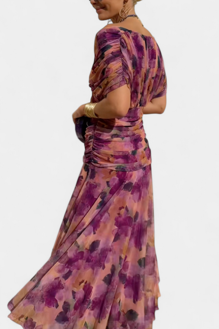 Florendra | Vestido Longo com Padrão Floral e Decote em V