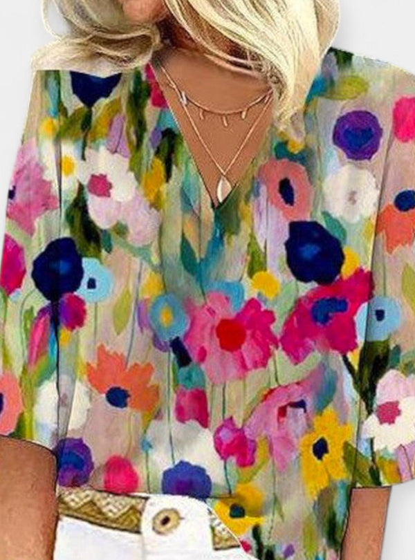 Sidsel | Blusa de Flores com Decote em V